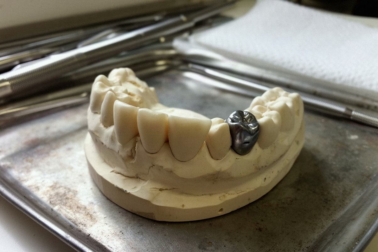 Model zębów trzonowych z ciemną, metaliczną plombą na tacy w gabinecie stomatologicznym